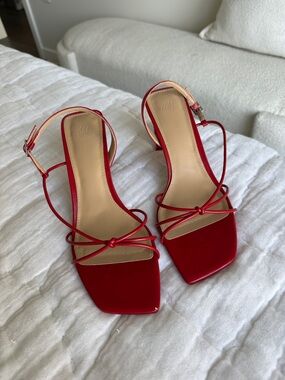 H&M Red Knotted Strappy Square-Toe Heels